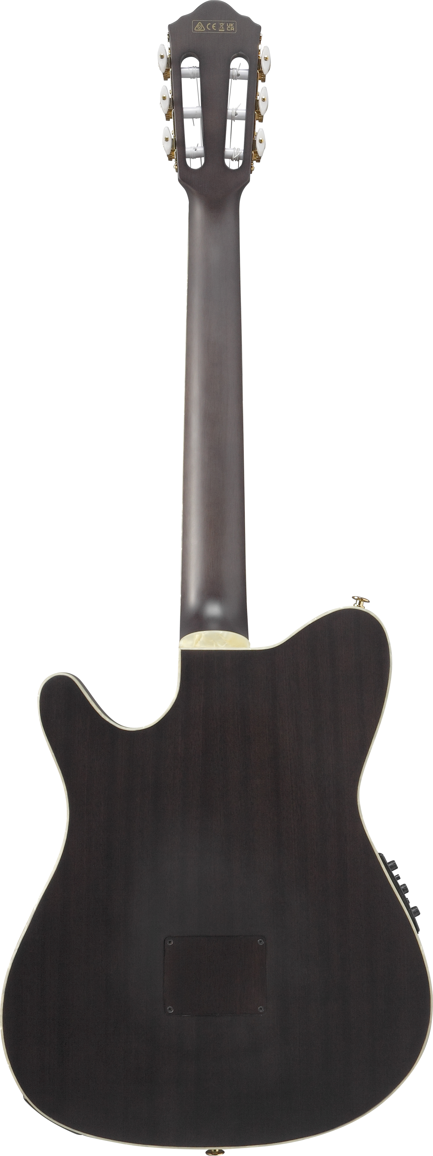 Ibanez Tim Henson TOD10N signature classical electric guitar with a sleek black finish and nylon strings, shown from a front angle.