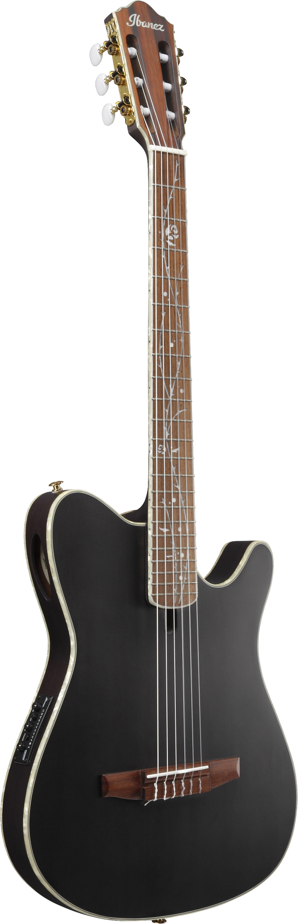 Ibanez Tim Henson TOD10N signature classical electric guitar with a sleek black body and nylon strings, showcasing its unique design.