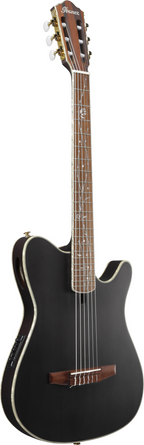 Ibanez Tim Henson TOD10N signature classical electric guitar with a sleek black body and nylon strings, showcasing its unique design.