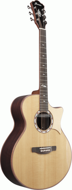 Ibanez MRC10 Marcin signature acoustic guitar in natural high gloss finish, showing the guitar's body and detailed wood grain.