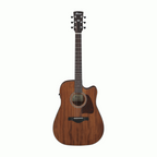 Ibanez AW247CE Artwood acoustic guitar in open pore natural finish, showcasing the body and neck of the Ibanez acoustic guitar.