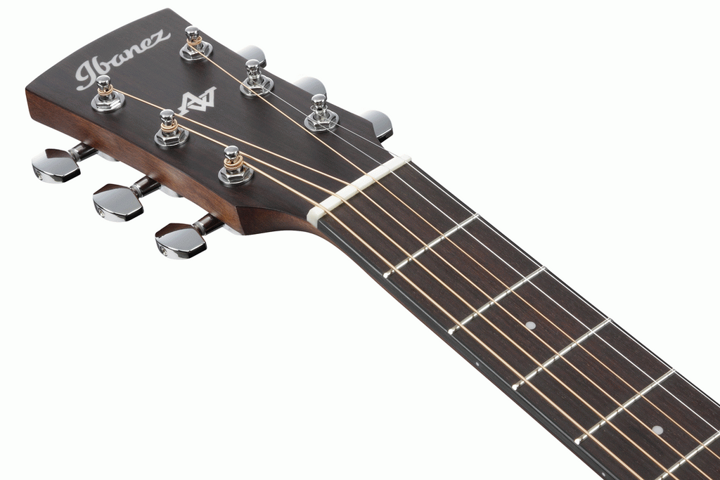 Ibanez AW247CE Artwood acoustic guitar in open pore natural finish, showcasing the body, neck, and strings.