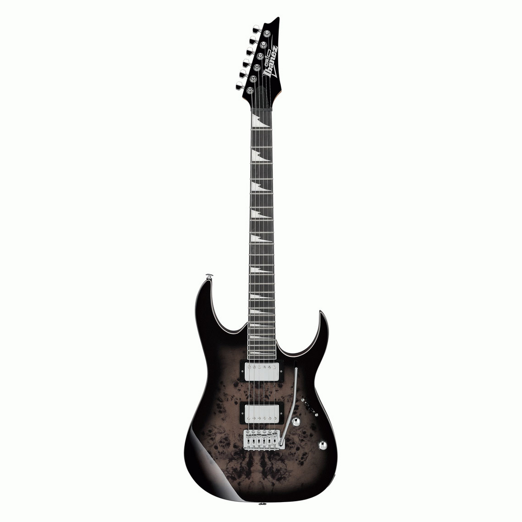 Ibanez RG220PA1 electric guitar in transparent brown black burst finish, showcasing sleek design and double-cut body shape.