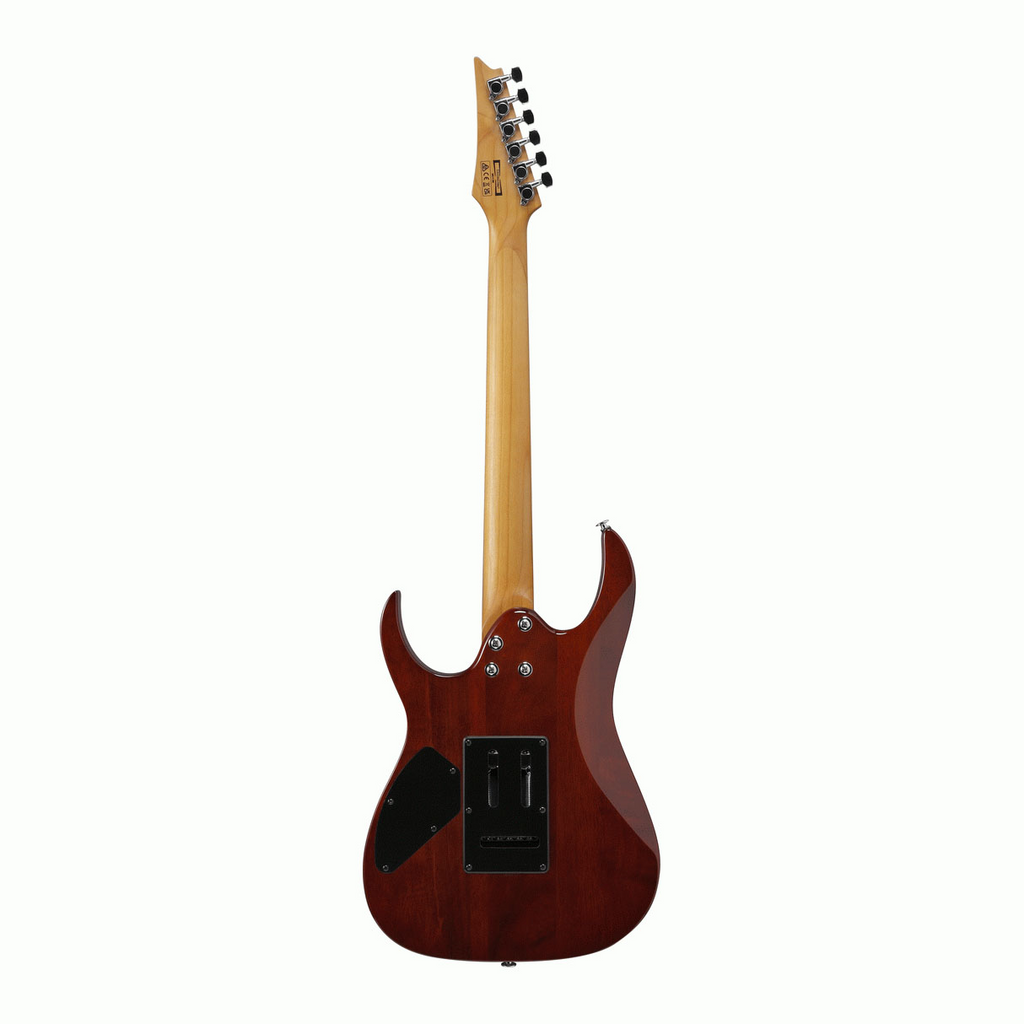 Ibanez RG220PA1 electric guitar in transparent brown black burst with double cutaway body and six strings.