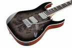 Ibanez RG220PA1 electric guitar in transparent brown black burst finish, showcasing sleek body and dual humbucker pickups.