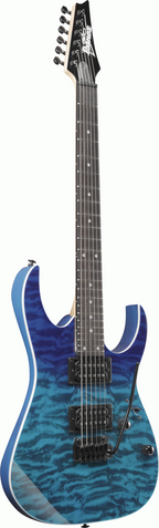 Ibanez RG120QASP electric guitar in blue gradient finish with double-cutaway body and six strings, showcasing a sleek, modern design.