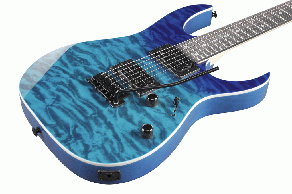 Ibanez RG120QASP electric guitar with blue gradient finish, featuring a sleek body and six strings, ideal for rock and metal music.