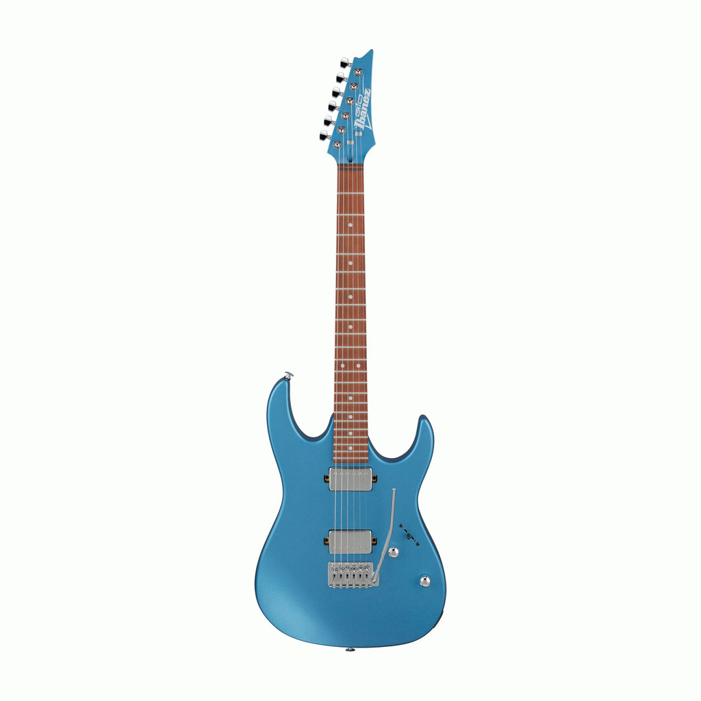 Ibanez RX120SP electric guitar in metallic light blue matte finish, with a sleek body and six strings.