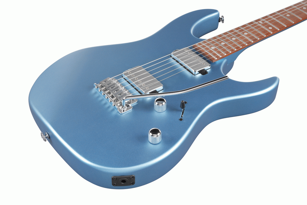 Ibanez RX120SP electric guitar in metallic light blue matte finish, with a sleek solid body and six strings on a natural wood fretboard.