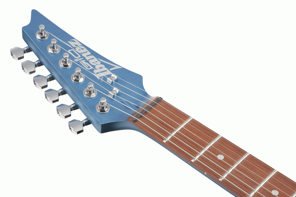 Ibanez RX120SP electric guitar in metallic light blue matte finish, showcasing its sleek body and hardware details.