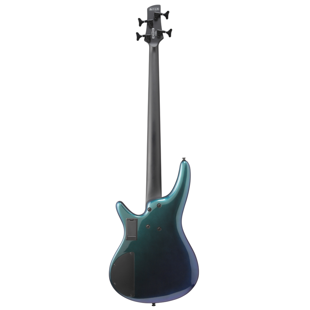Ibanez SRMS720 Bass Guitar in Blue Chameleon finish, showcasing sleek body and four-string design with chrome hardware.