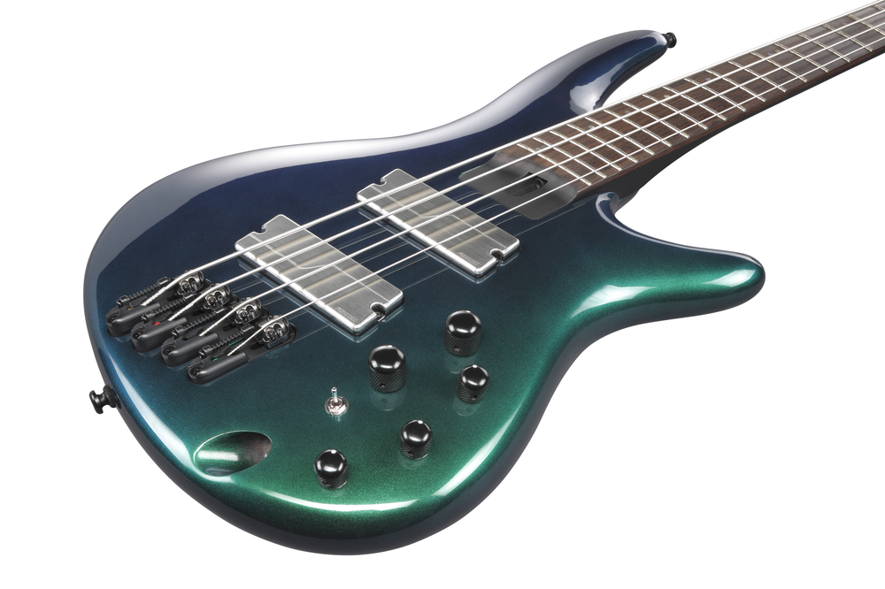 Ibanez SRMS720 Blue Chameleon bass guitar with sleek body and four strings, showcasing its vibrant, eye-catching finish.