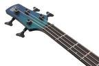 Ibanez SRMS720 Blue Chameleon bass guitar showing the sleek body, pickguard, and four-string design.