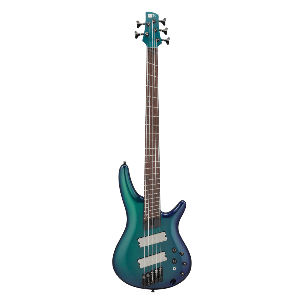 Ibanez SRMS725 Blue Chameleon bass guitar showing the sleek body, neck, and strings of this modern electric bass.