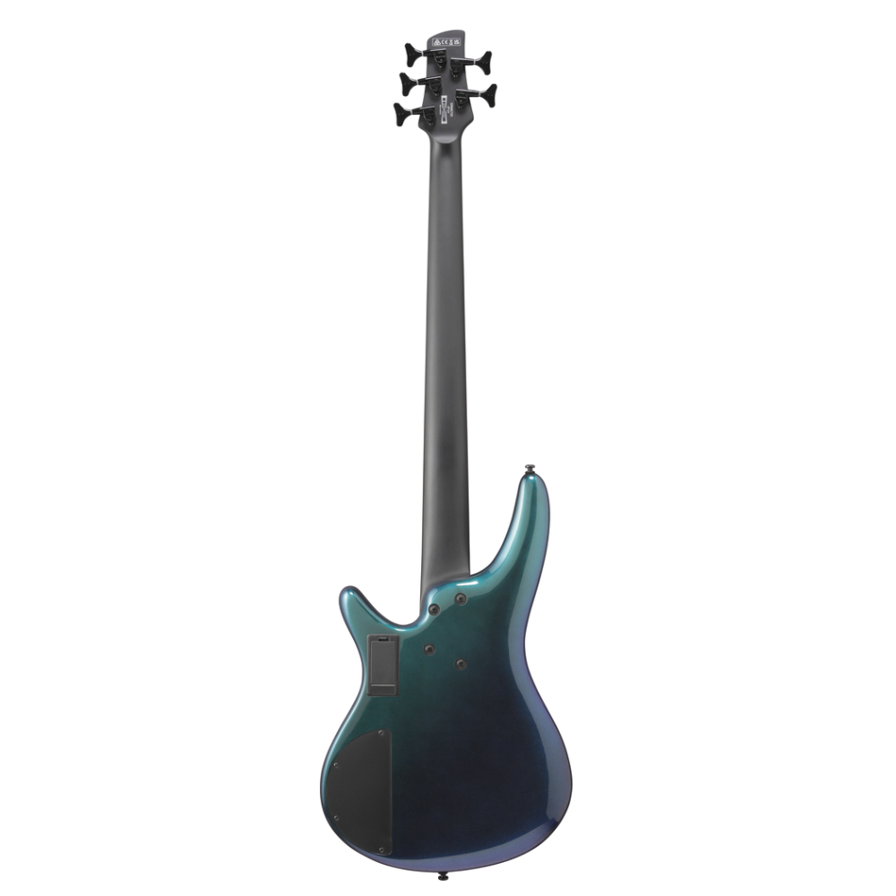 Ibanez SRMS725 blue chameleon bass guitar, electric bass with sleek body and four strings, studio shot highlighting finish and hardware.
