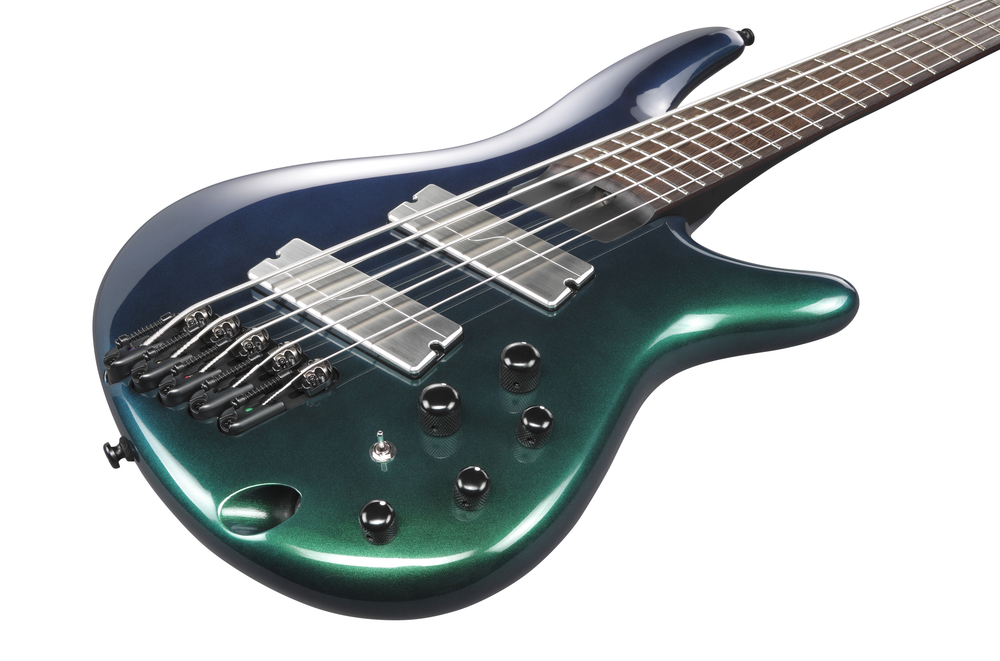 Ibanez SRMS725 Blue Chameleon bass guitar with sleek body and four strings, showcasing its vibrant finish and ergonomic design.