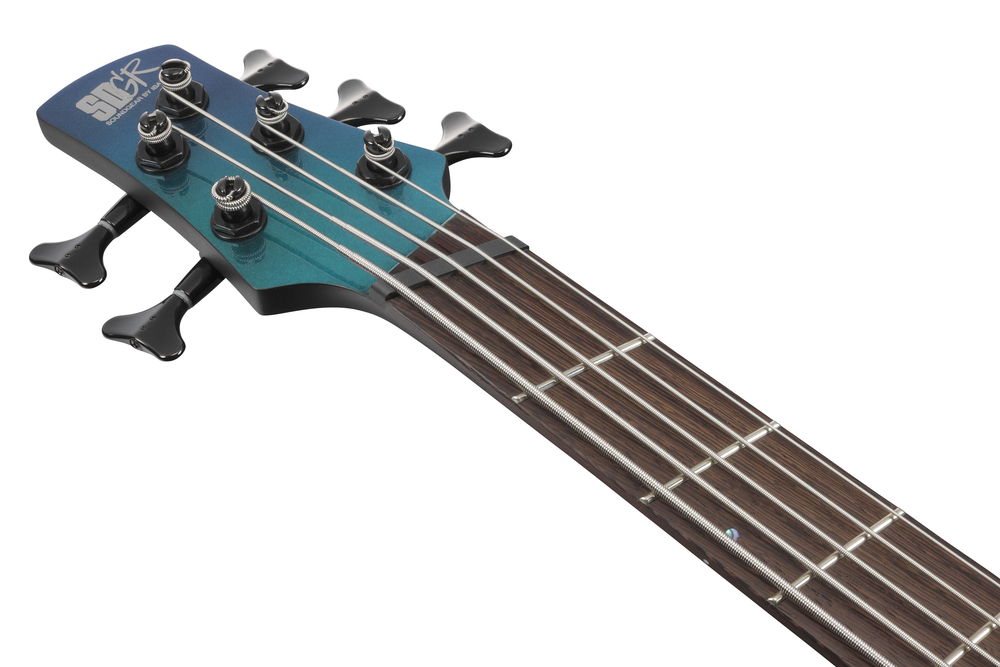 Ibanez SRMS725 Blue Chameleon bass guitar with sleek body and four strings, showcasing modern design and premium craftsmanship.