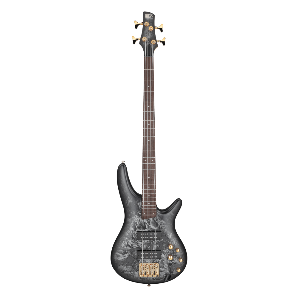 Ibanez SR300EDX bass guitar in Black Ice Frozen Matte finish with sleek body and four strings, professional electric bass instrument.