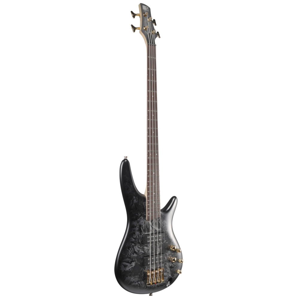 Ibanez SR300EDX bass guitar in Black Ice Frozen Matte finish, showcasing its sleek body and modern design.