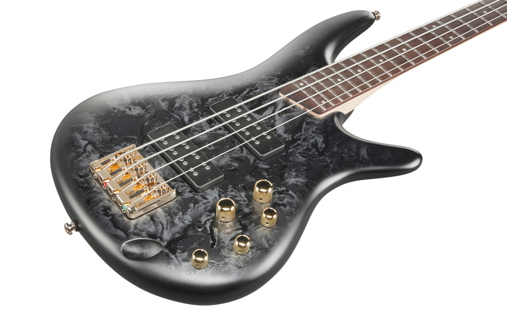 Ibanez SR300EDX bass guitar in Black Ice Frozen Matte finish, showcasing its sleek body and modern design.