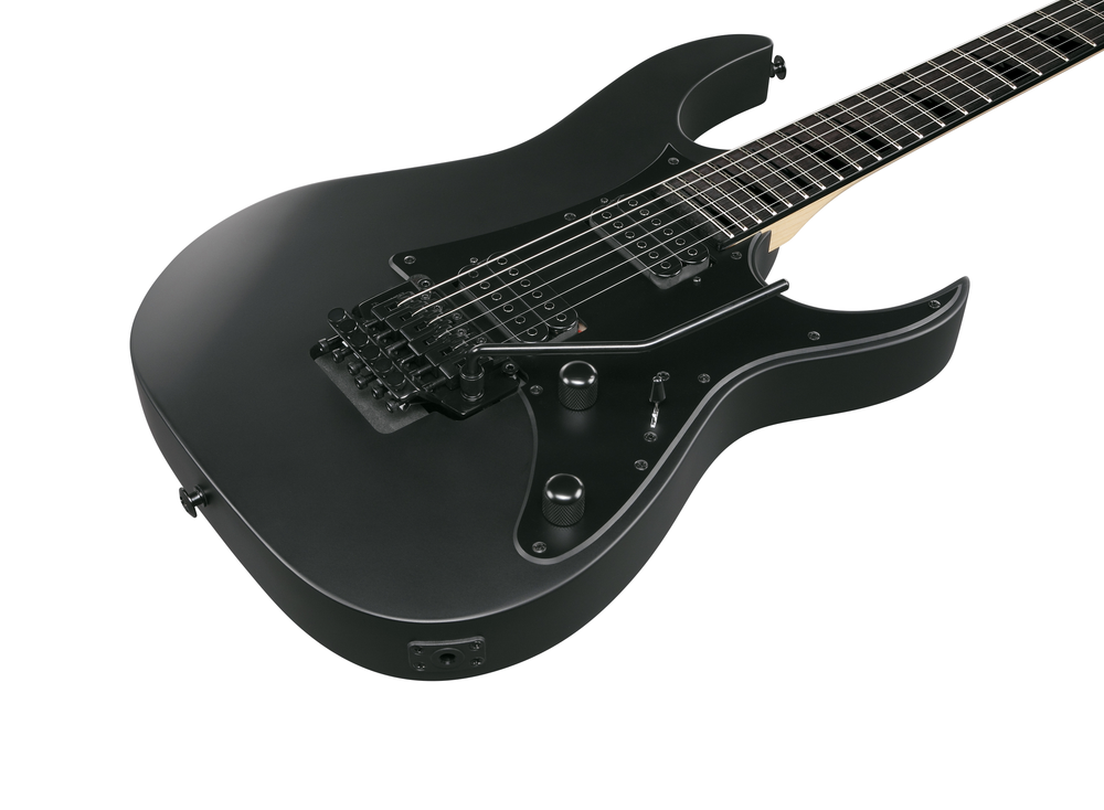 Black flat Ibanez GRGR330EX electric guitar with sleek design and twin humbucker pickups, perfect for rock and metal playing.
