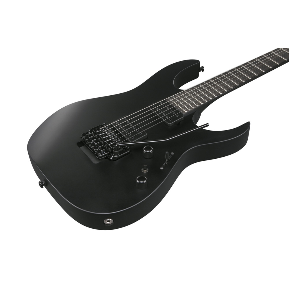 Ibanez RGRB620 electric guitar in black flat finish, showcasing sleek body, pickups, and detailed hardware for musical performance.