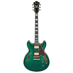 Ibanez AS93FM Artcore semi-hollow electric guitar in transparent moss green with f-hole design and maple top.