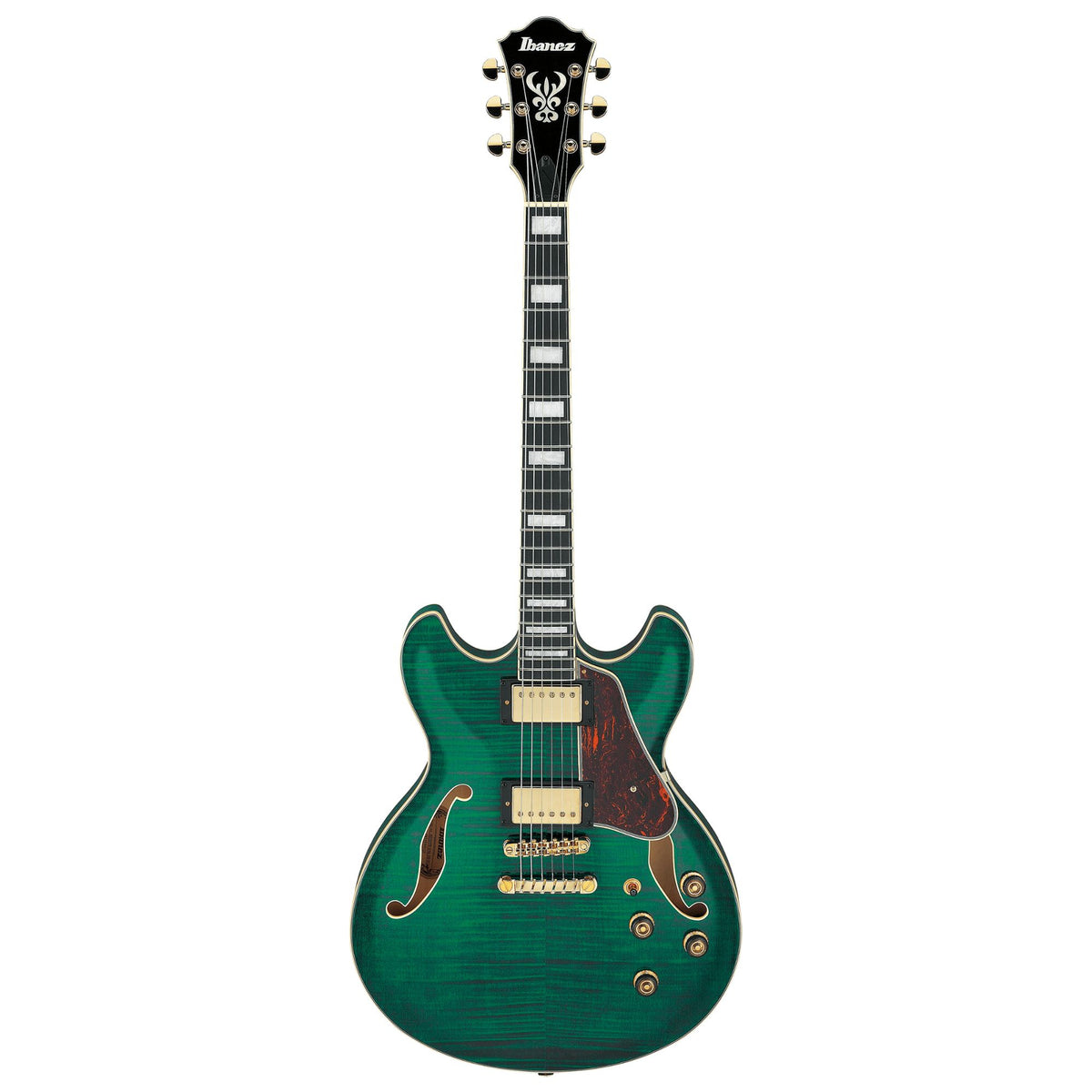Ibanez AS93FM Artcore semi-hollow electric guitar in transparent moss green with f-hole design and maple top.