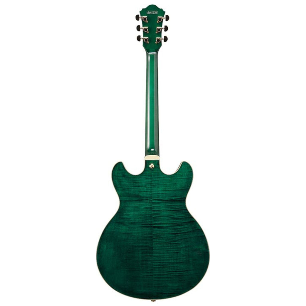 Ibanez AS93FM Artcore semi-hollow electric guitar in transparent moss green, showing its body and hardware details.