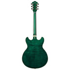 Ibanez AS93FM Artcore semi-hollow electric guitar in transparent moss green, showing its body and hardware details.