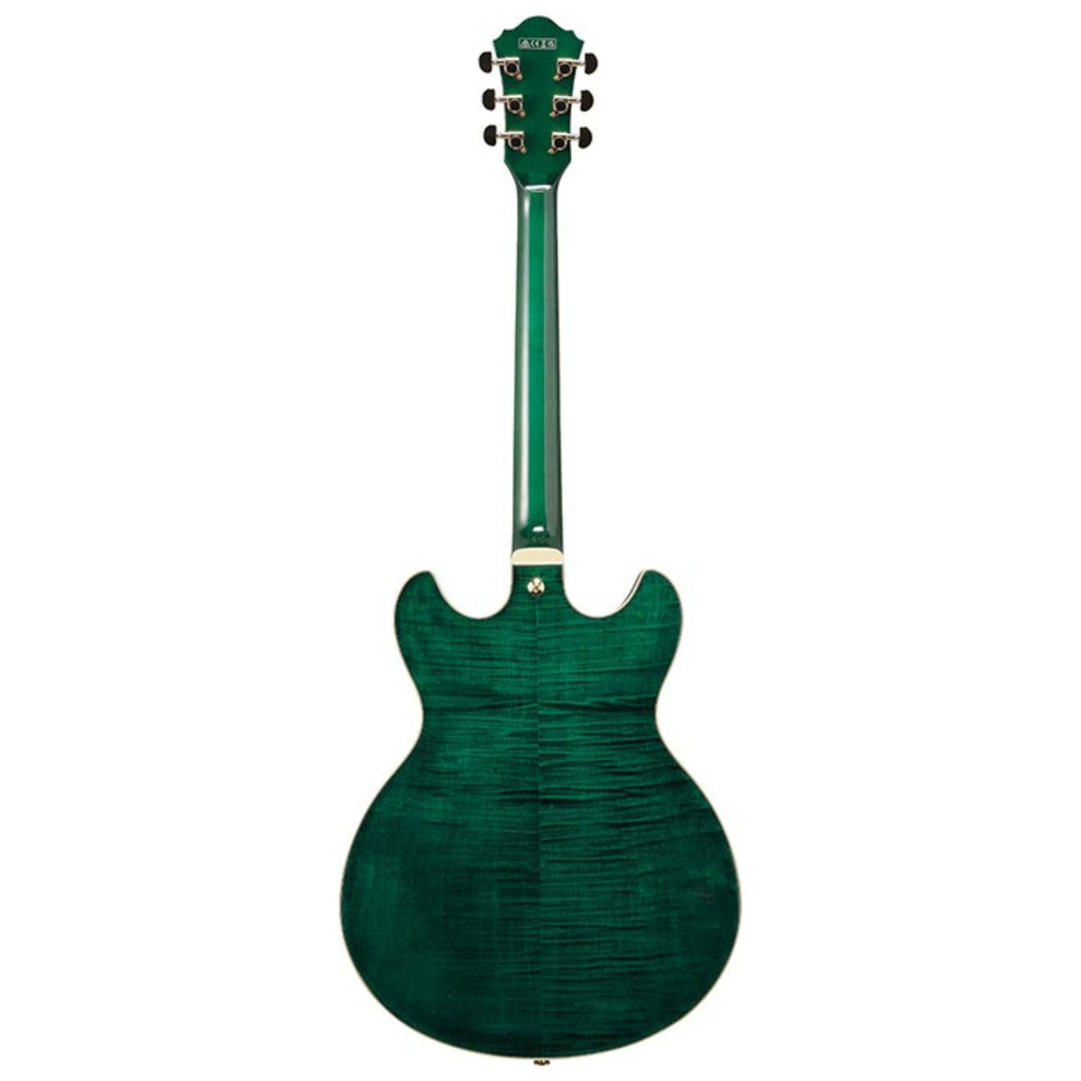 Ibanez AS93FM Artcore semi-hollow electric guitar in transparent moss green, showing its body and hardware details.