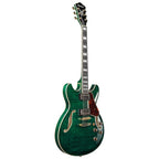 Ibanez AS93FM Artcore semi-hollow electric guitar in transparent moss green with f-hole design and rosewood fingerboard.