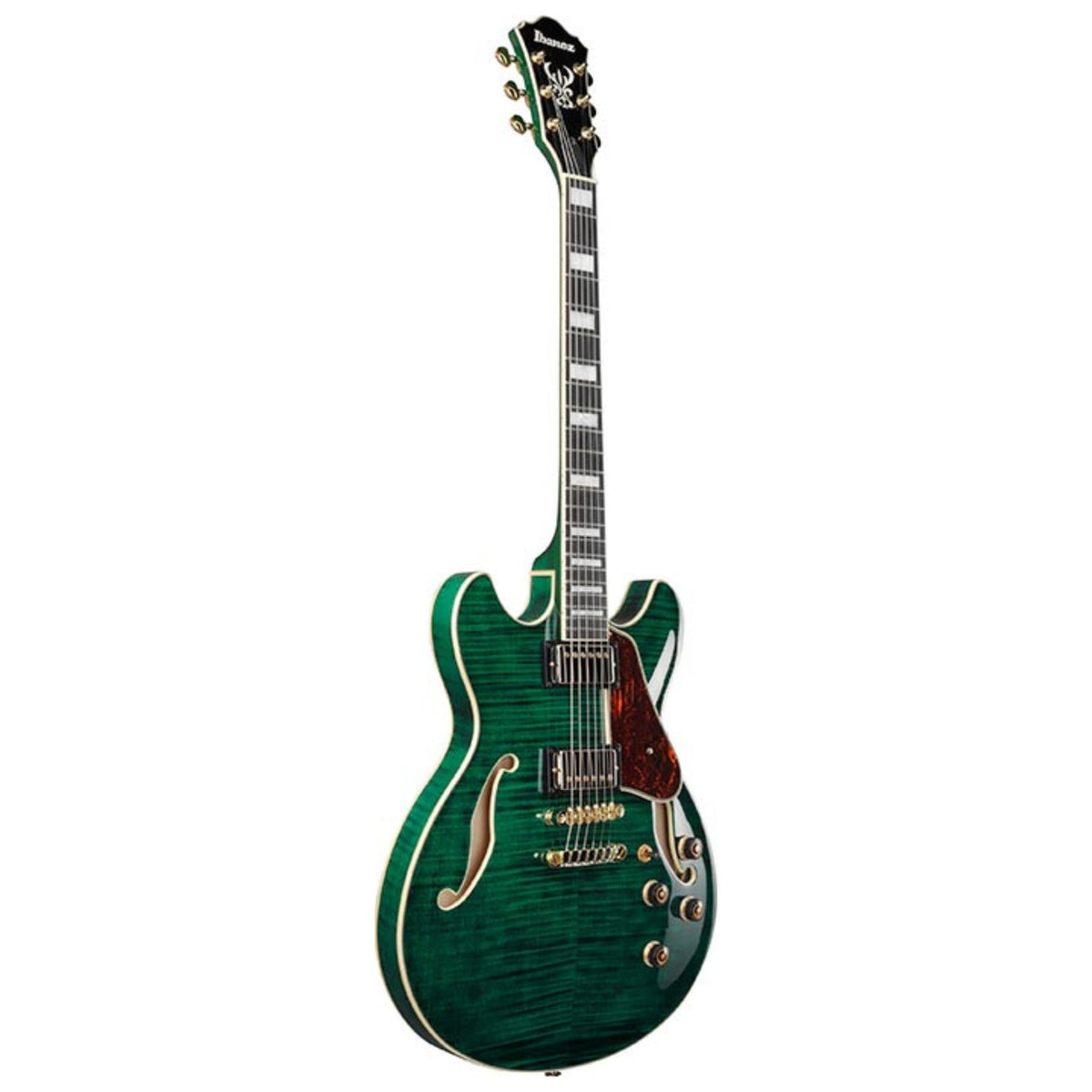 Ibanez AS93FM Artcore semi-hollow electric guitar in transparent moss green with f-hole design and rosewood fingerboard.