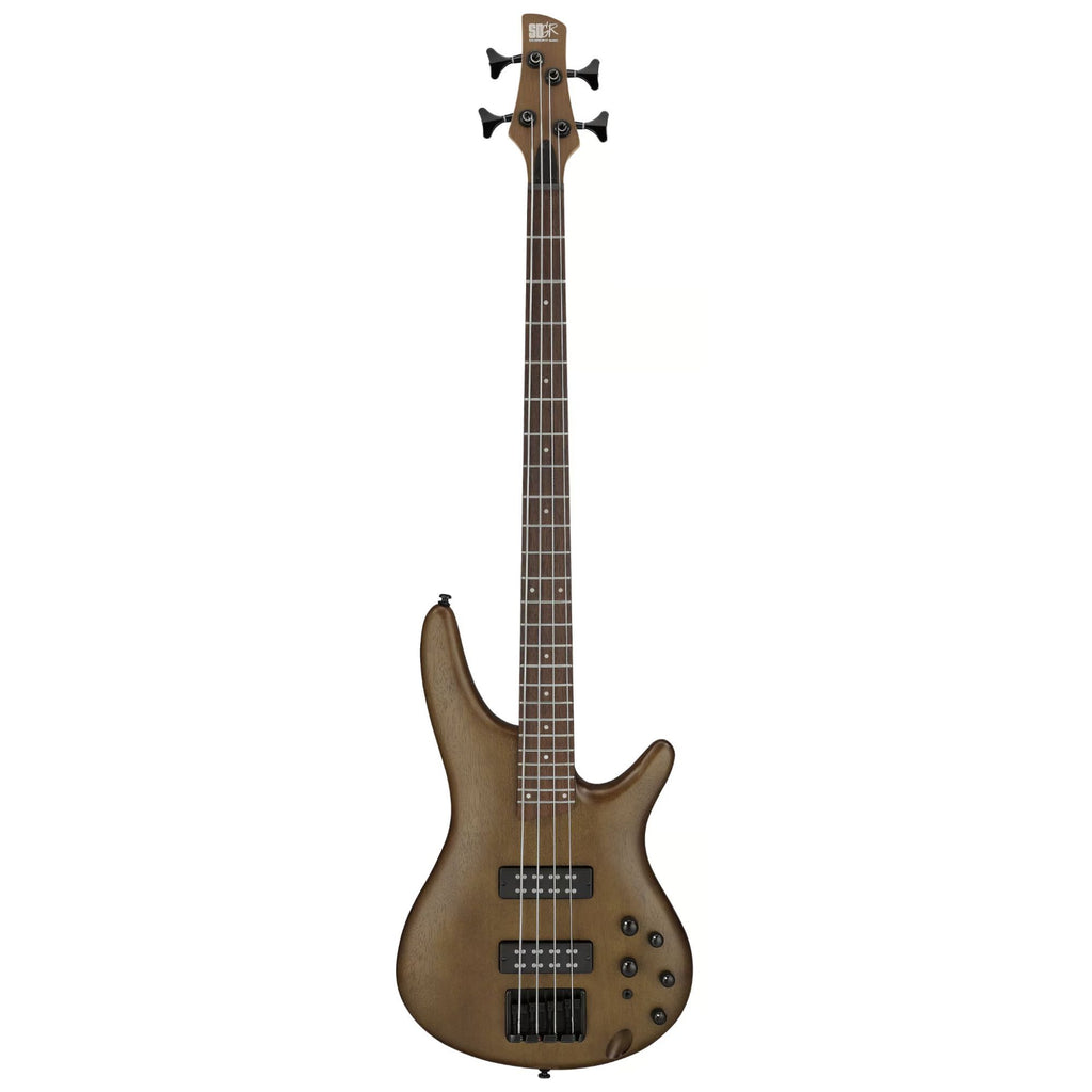 Ibanez SR300E Walnut Flat electric bass guitar with sleek body and four strings, showcasing its modern design and hardware.