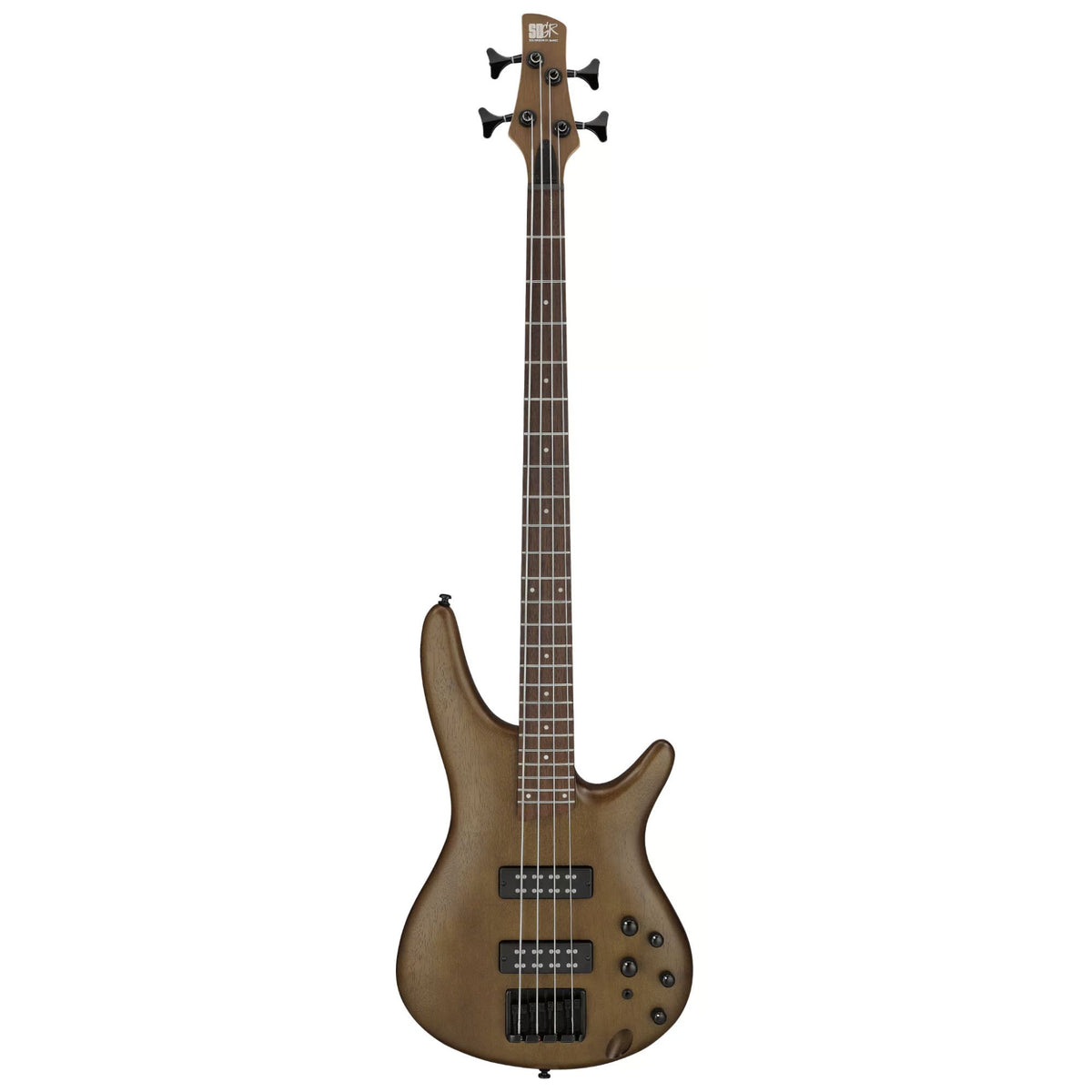 Ibanez SR300E Walnut Flat electric bass guitar with sleek body and four strings, showcasing its modern design and hardware.