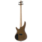 Ibanez SR300E walnut flat electric bass guitar with four strings and modern design, showcasing its sleek body and hardware.
