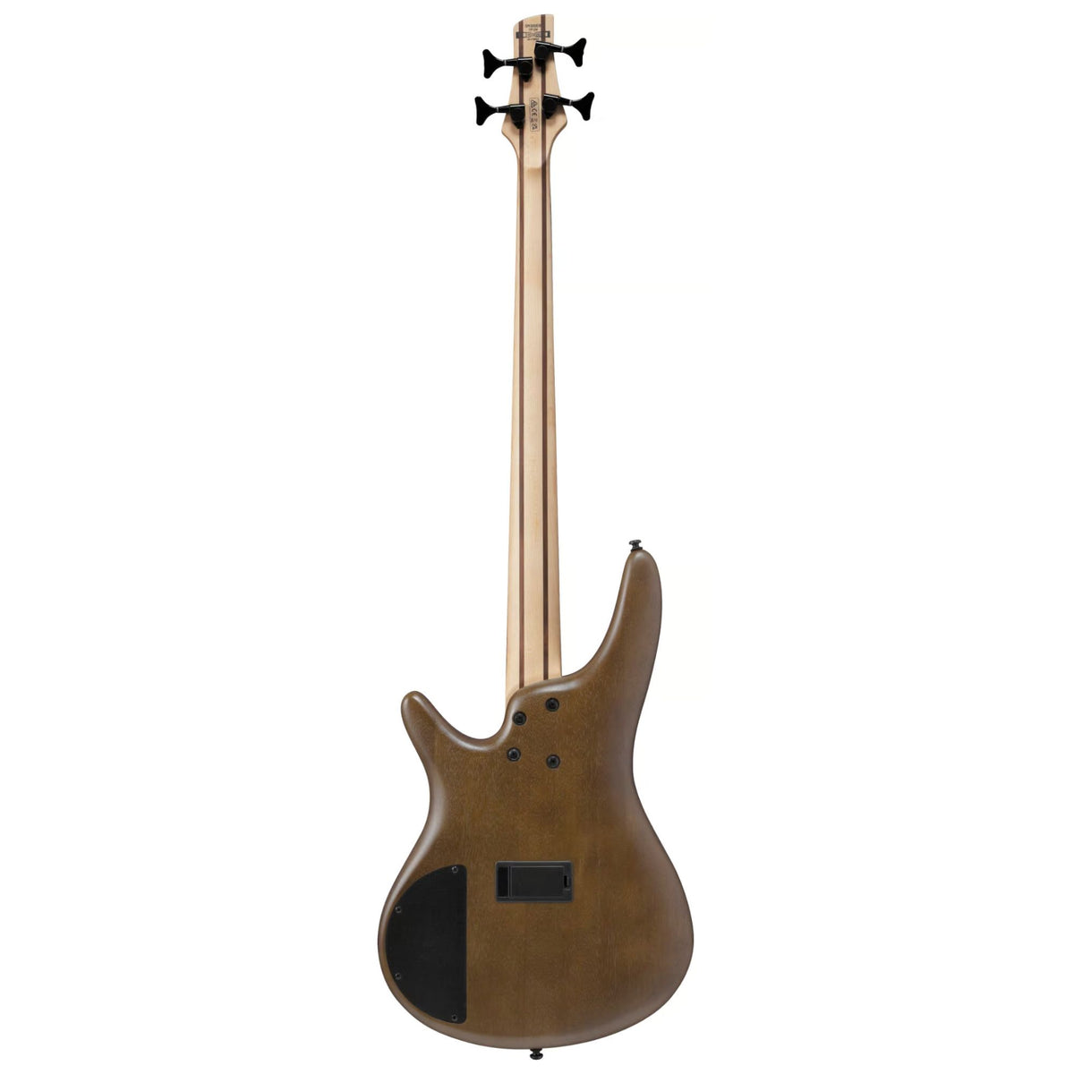 Ibanez SR300E walnut flat electric bass guitar with four strings and modern design, showcasing its sleek body and hardware.