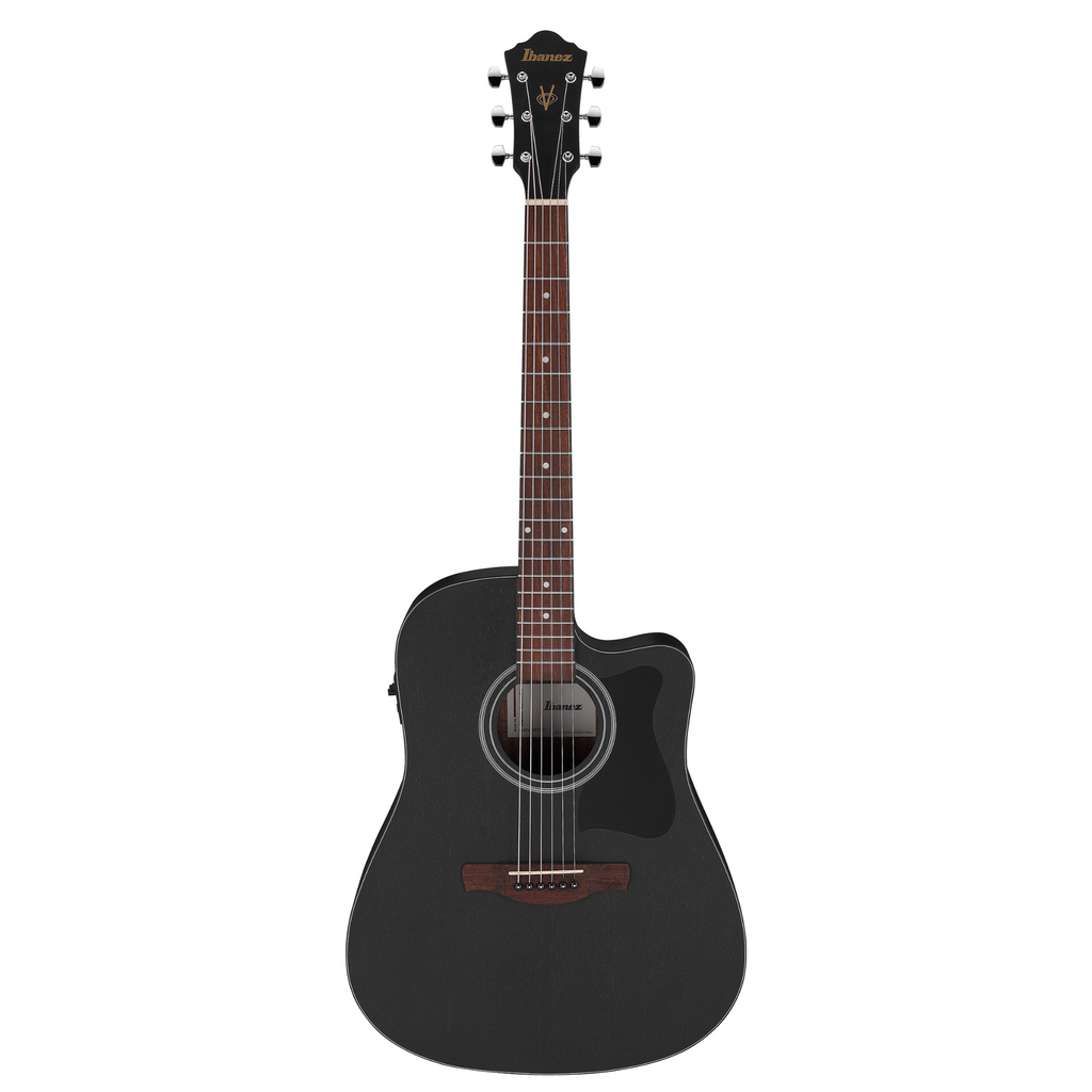 Ibanez V44CE WK acoustic guitar in weathered black with a cutaway body and nylon strings, showcasing a sleek, modern design.