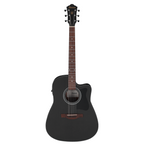 Ibanez V44CE WK acoustic guitar in weathered black with a cutaway body and nylon strings, showcasing a sleek, modern design.