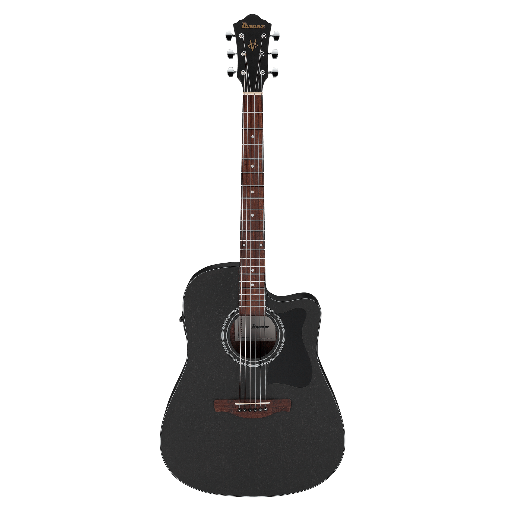 Ibanez V44CE WK acoustic guitar in weathered black with a cutaway body and nylon strings, showcasing a sleek, modern design.