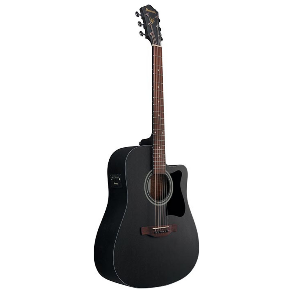 Ibanez V44CE WK acoustic guitar in weathered black with cutaway body and steel strings, showcasing its sleek design and tonewoods.