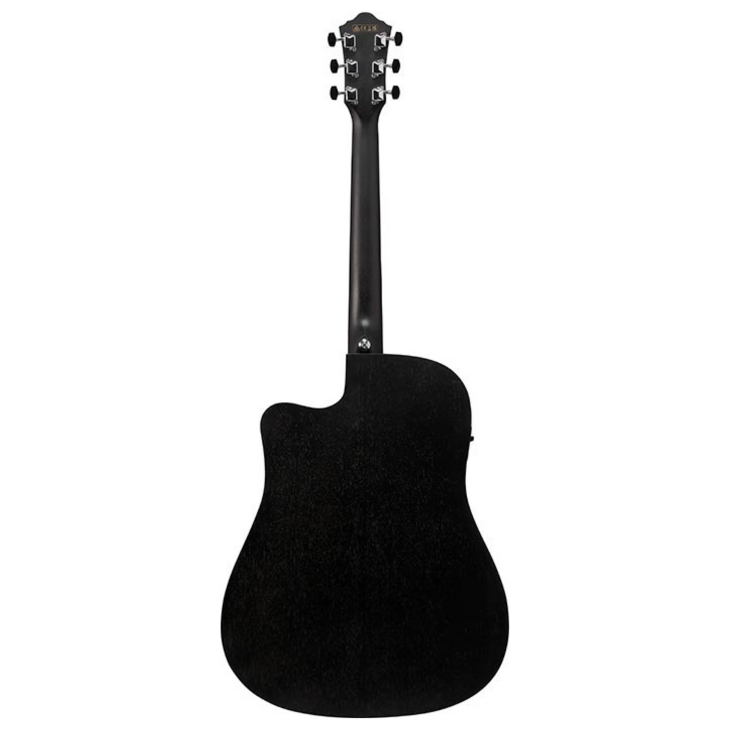 Ibanez V44CE WK acoustic guitar in weathered black, showing the body, fretboard, and soundhole of this stylish Ibanez acoustic.