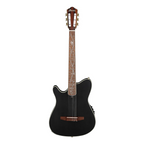 Left-handed Ibanez Tim Henson TOD10N signature classical electric guitar with a sleek black finish and nylon strings.