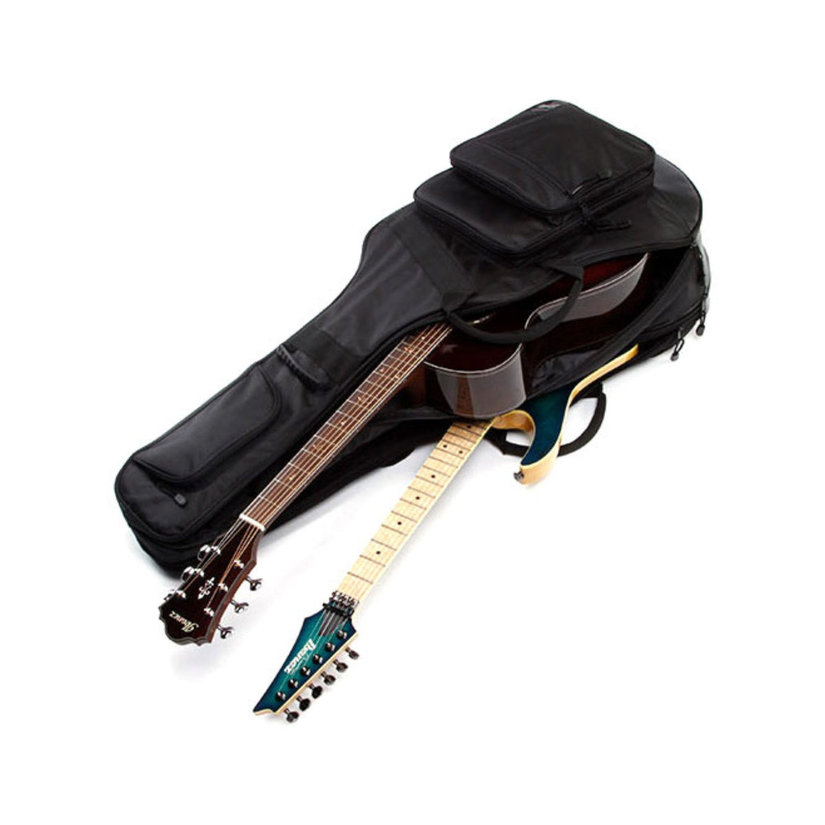 Ibanez IGB2540 black 2-in-1 double gig bag for electric guitar, showing padded exterior and sturdy handles.