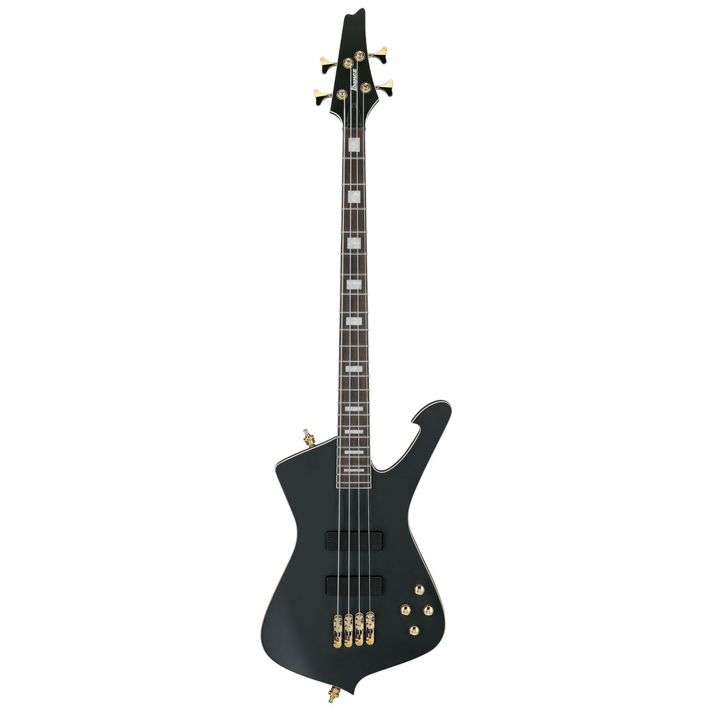 Black flat Ibanez ICB620 electric bass guitar with four strings and modern design, featuring a sleek body and control knobs.