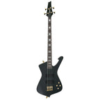 Black flat Ibanez ICB620 electric bass guitar with four strings and modern design, featuring a sleek body and control knobs.