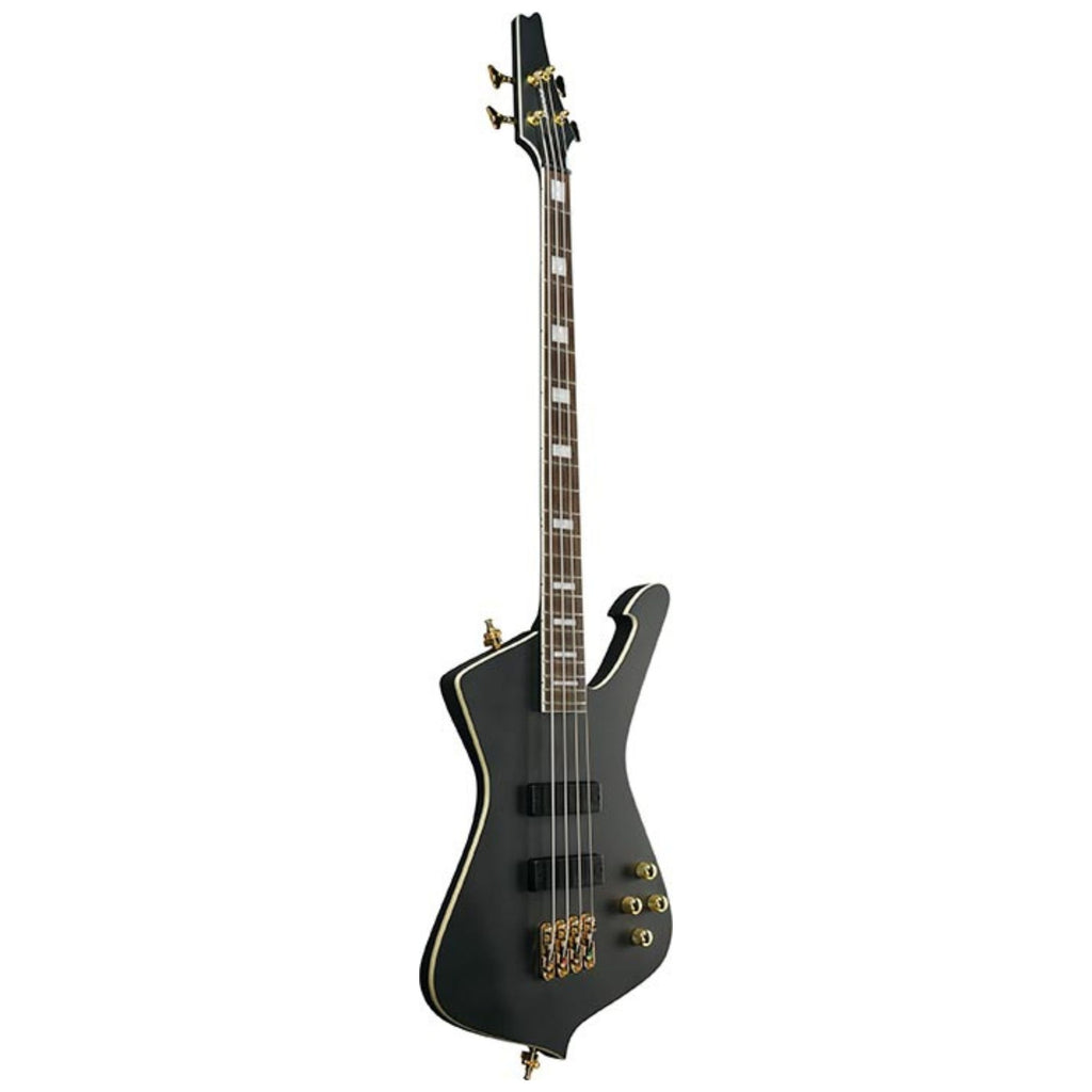 Ibanez ICB620 black flat electric bass guitar with four strings and sleek design, suitable for modern music styles.