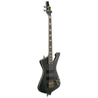 Ibanez ICB620 black flat electric bass guitar with four strings and sleek design, suitable for modern music styles.