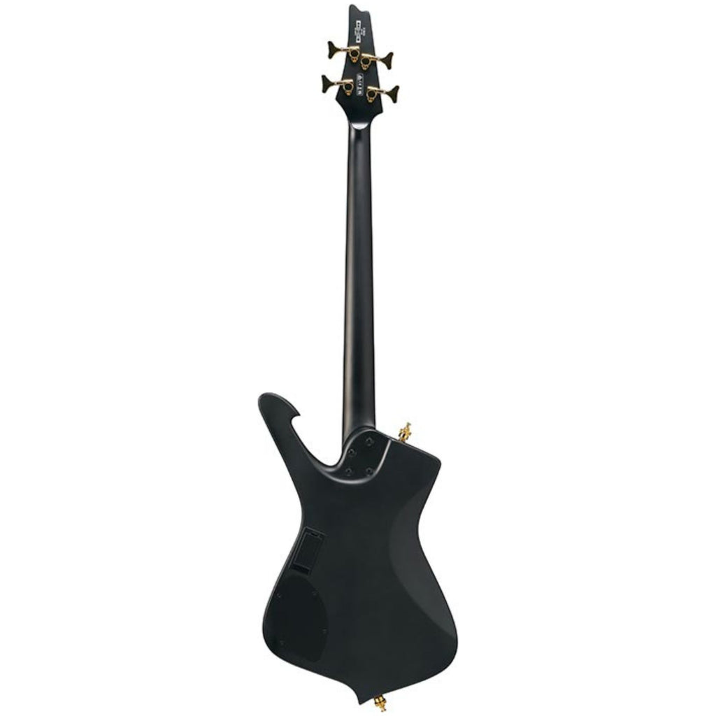 Black flat finish Ibanez ICB620 electric bass guitar with four strings and modern design, showing the sleek body and hardware.