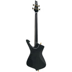 Black flat finish Ibanez ICB620 electric bass guitar with four strings and modern design, showing the sleek body and hardware.
